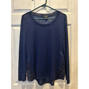 Vintage A. Byer Blue Boho Flowy Top Crochet Panel Knit Sweater Made In USA Large